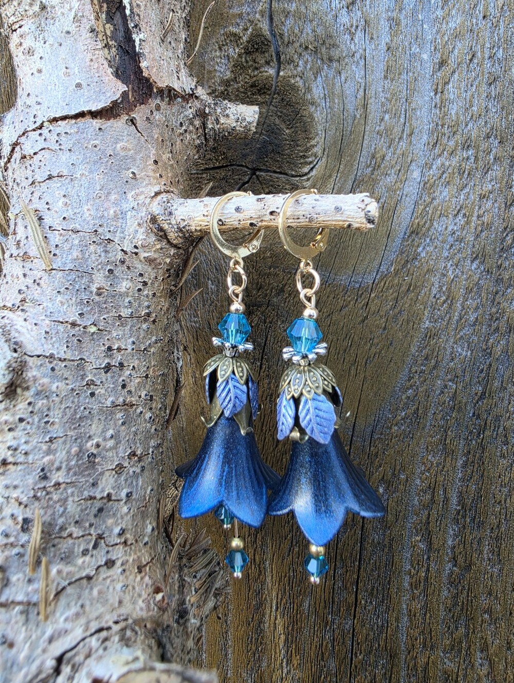 ​Whimsical 18k Gold Plated Blue Bell Flower Dangle Earrings